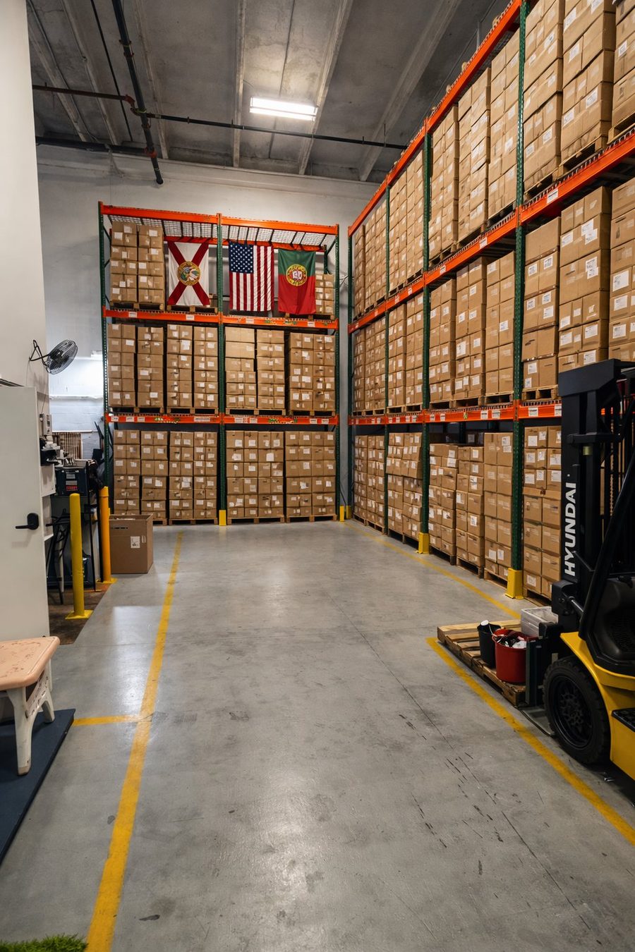 Inside the FR-Logistics Miami warehouse in Doral, FL — pallet racking, organized inventory, and forklift operations